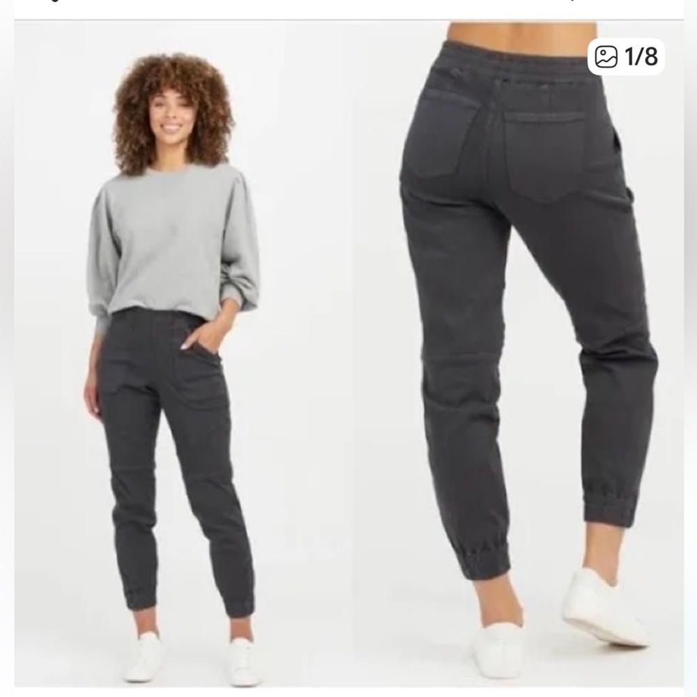 SPANX STRETCH TWILL CARGO JOGGER IN WASHED BLACK SLIMMING FRONT PANEL WMNS SZ LG